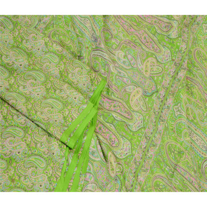 Sanskriti Vintage Green Sarees Printed 100% Pure Silk Sari 5yd Soft Craft Sustainable Fabric