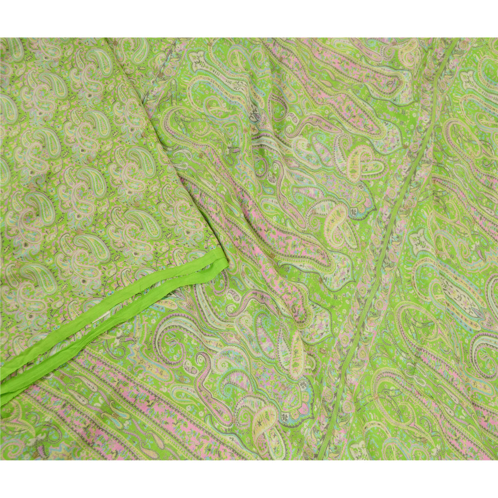 Sanskriti Vintage Green Sarees Printed 100% Pure Silk Sari 5yd Soft Craft Sustainable Fabric