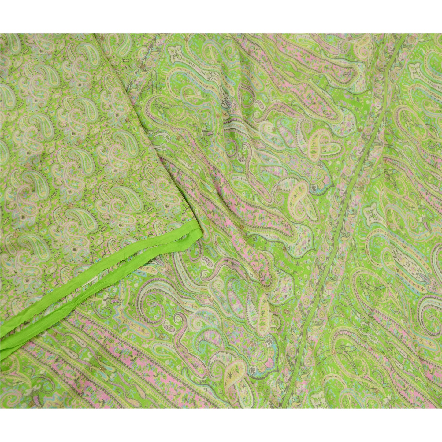 Sanskriti Vintage Green Sarees Printed 100% Pure Silk Sari 5yd Soft Craft Sustainable Fabric