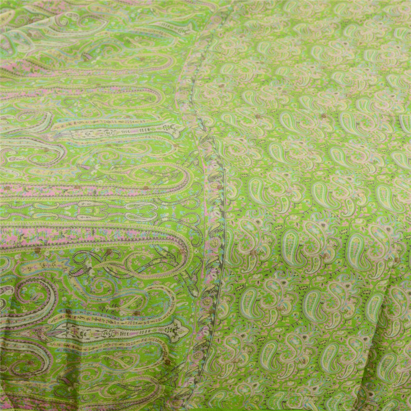 Sanskriti Vintage Green Sarees Printed 100% Pure Silk Sari 5yd Soft Craft Sustainable Fabric