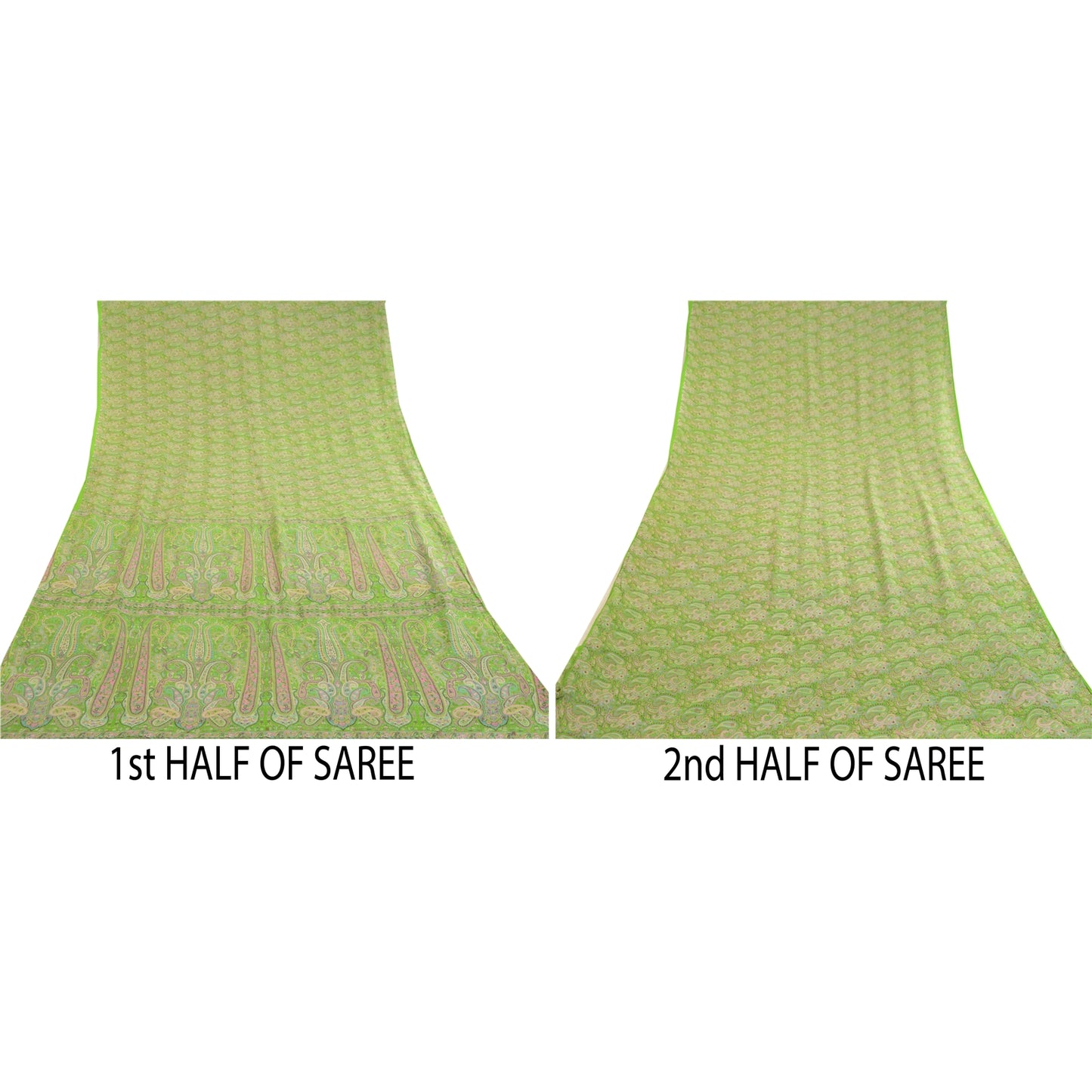 Sanskriti Vintage Green Sarees Printed 100% Pure Silk Sari 5yd Soft Craft Sustainable Fabric