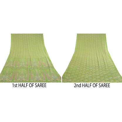 Sanskriti Vintage Green Sarees Printed 100% Pure Silk Sari 5yd Soft Craft Sustainable Fabric