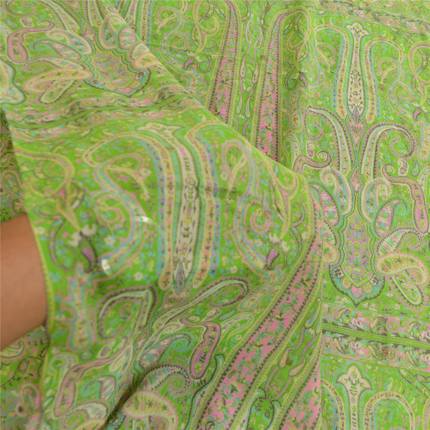 Sanskriti Vintage Green Sarees Printed 100% Pure Silk Sari 5yd Soft Craft Sustainable Fabric