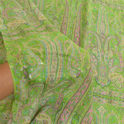 Sanskriti Vintage Green Sarees Printed 100% Pure Silk Sari 5yd Soft Craft Sustainable Fabric