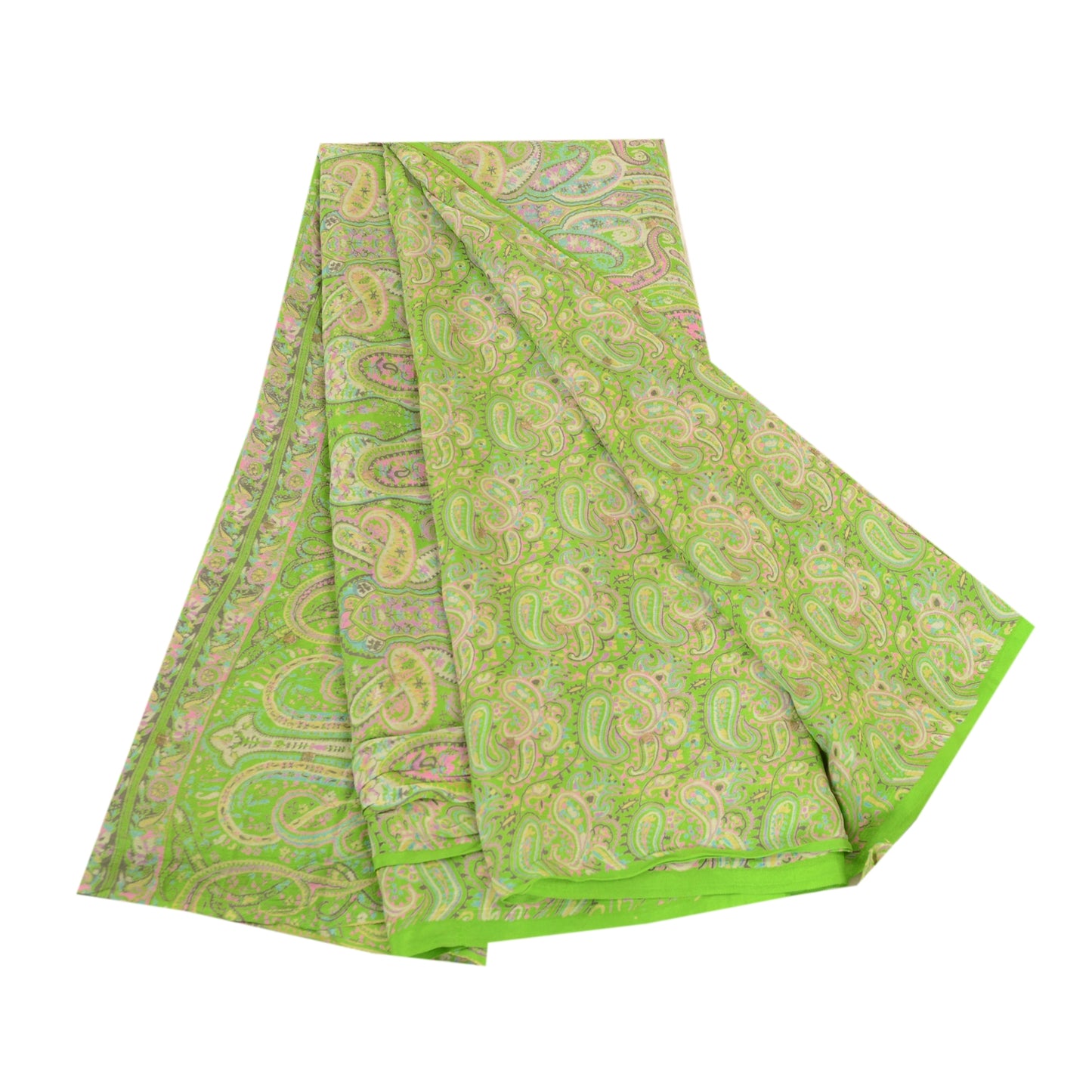 Sanskriti Vintage Green Sarees Printed 100% Pure Silk Sari 5yd Soft Craft Sustainable Fabric