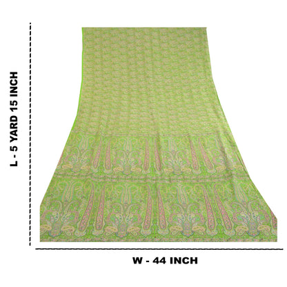 Sanskriti Vintage Green Sarees Printed 100% Pure Silk Sari 5yd Soft Craft Sustainable Fabric