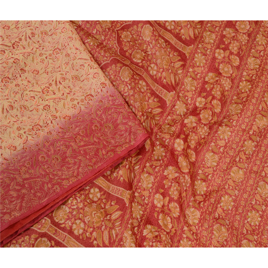Sanskriti Vintage Cream Sarees Printed 100% Pure Silk Sari Soft 5yd Craft Sustainable Fabric