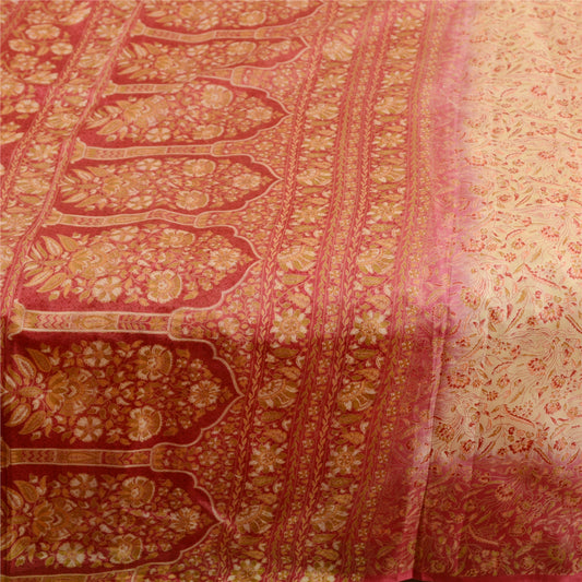 Sanskriti Vintage Cream Sarees Printed 100% Pure Silk Sari Soft 5yd Craft Sustainable Fabric