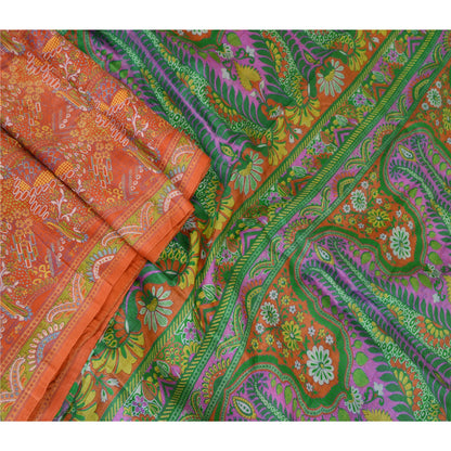 Sanskriti Vintage Orange Sarees 100% Pure Silk Printed Sari Floral Craft Sustainable Fabric