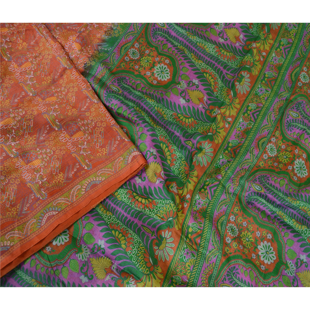 Sanskriti Vintage Orange Sarees 100% Pure Silk Printed Sari Floral Craft Sustainable Fabric