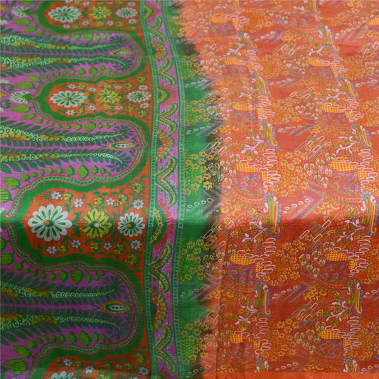 Sanskriti Vintage Orange Sarees 100% Pure Silk Printed Sari Floral Craft Sustainable Fabric