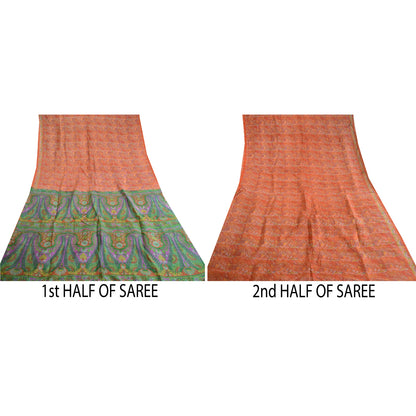 Sanskriti Vintage Orange Sarees 100% Pure Silk Printed Sari Floral Craft Sustainable Fabric