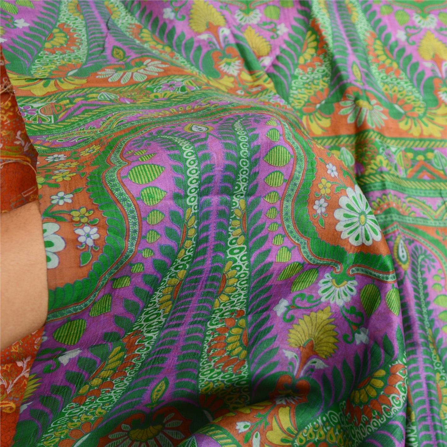 Sanskriti Vintage Orange Sarees 100% Pure Silk Printed Sari Floral Craft Sustainable Fabric