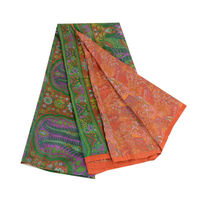 Sanskriti Vintage Orange Sarees 100% Pure Silk Printed Sari Floral Craft Sustainable Fabric