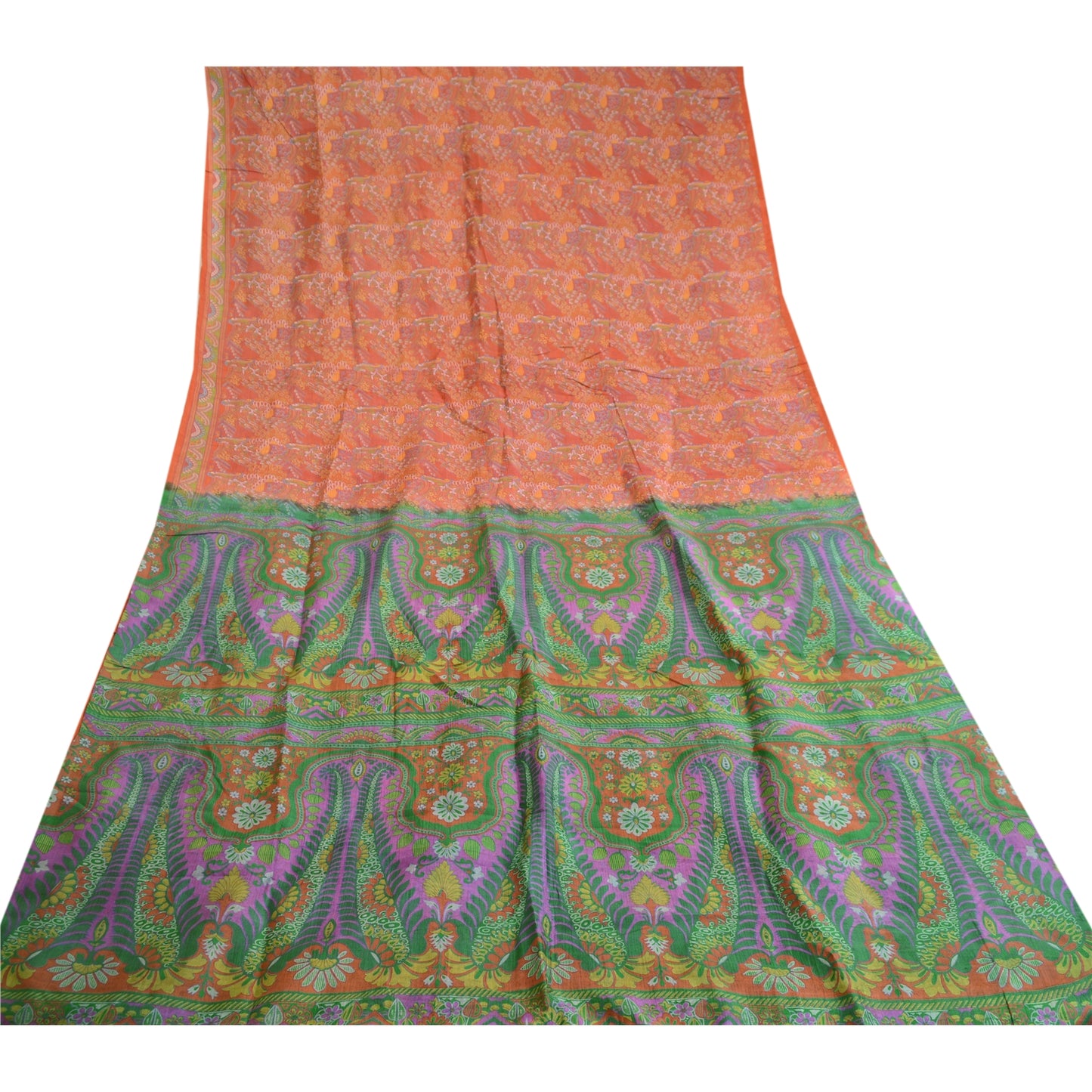 Sanskriti Vintage Orange Sarees 100% Pure Silk Printed Sari Floral Craft Sustainable Fabric