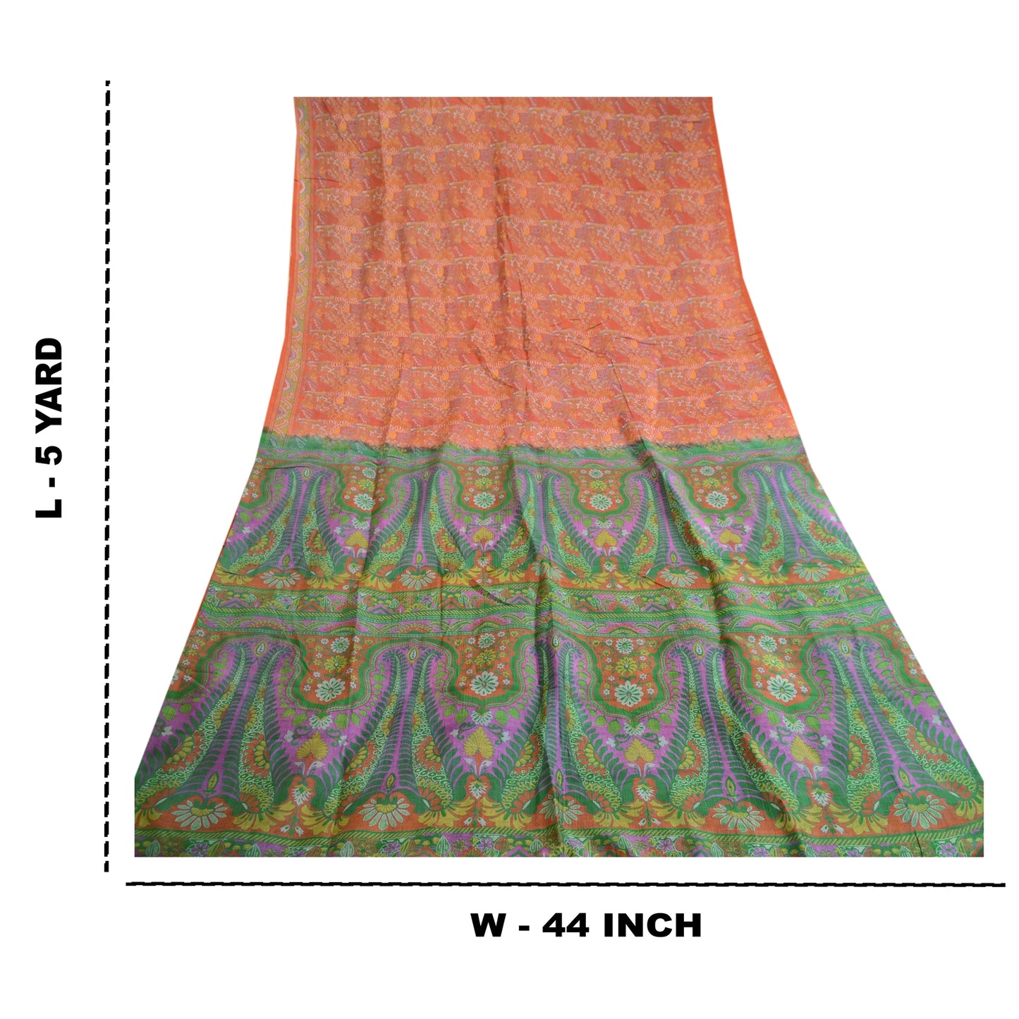 Sanskriti Vintage Orange Sarees 100% Pure Silk Printed Sari Floral Craft Sustainable Fabric