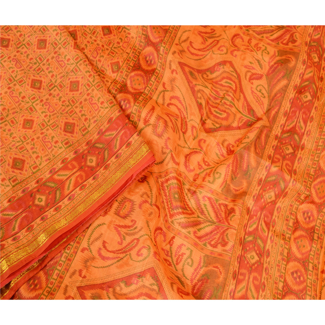 Sanskriti Vintage Saffron Printed Sarees Pure Silk Zari Border Sari Craft Fabric