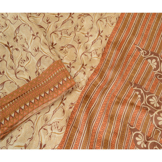 Sanskriti Vintage Cream Indian Sarees Pure Silk Printed Sari 5YD Craft Sustainable Fabric