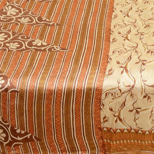 Sanskriti Vintage Cream Indian Sarees Pure Silk Printed Sari 5YD Craft Sustainable Fabric