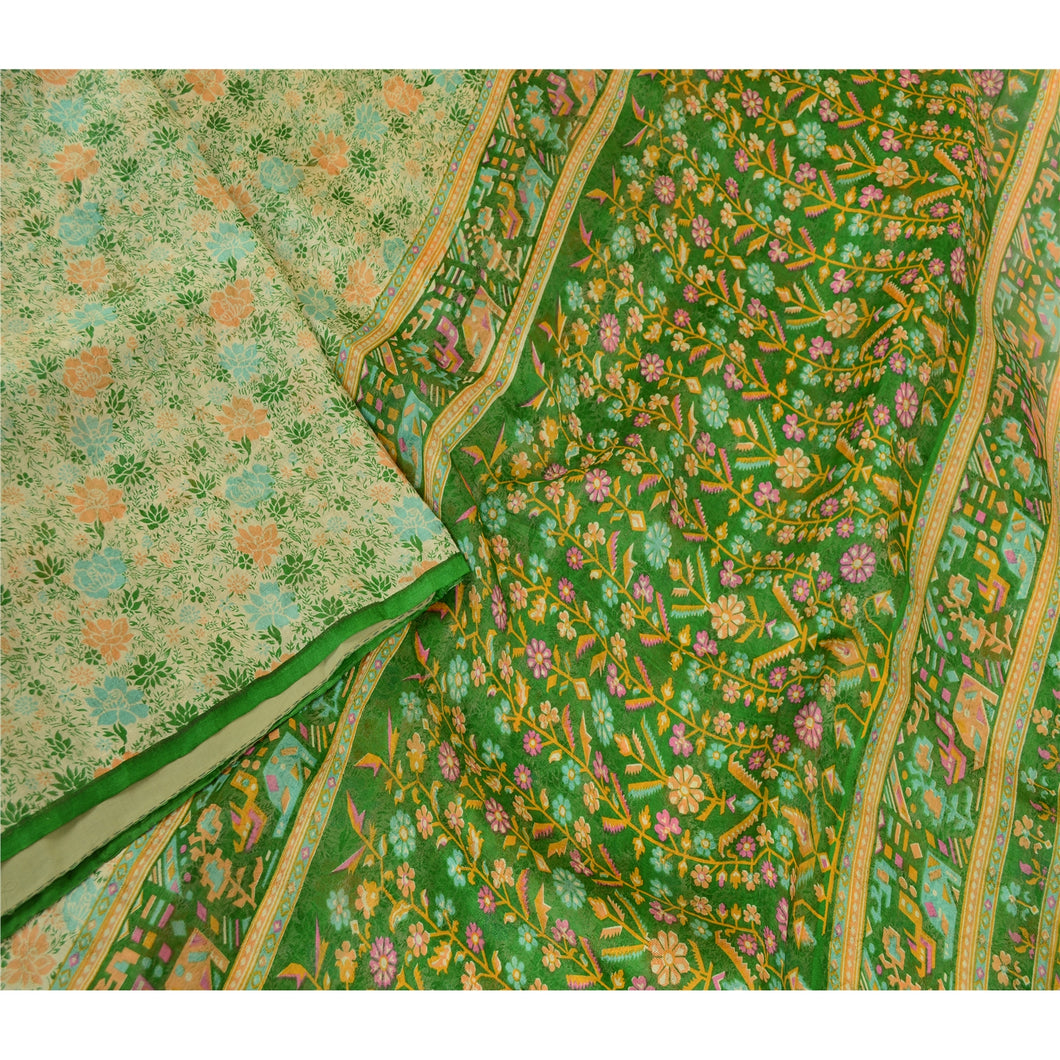 Sanskriti Vintage Green Sarees Pure Silk Printed Woven Sari Floral Craft Fabric