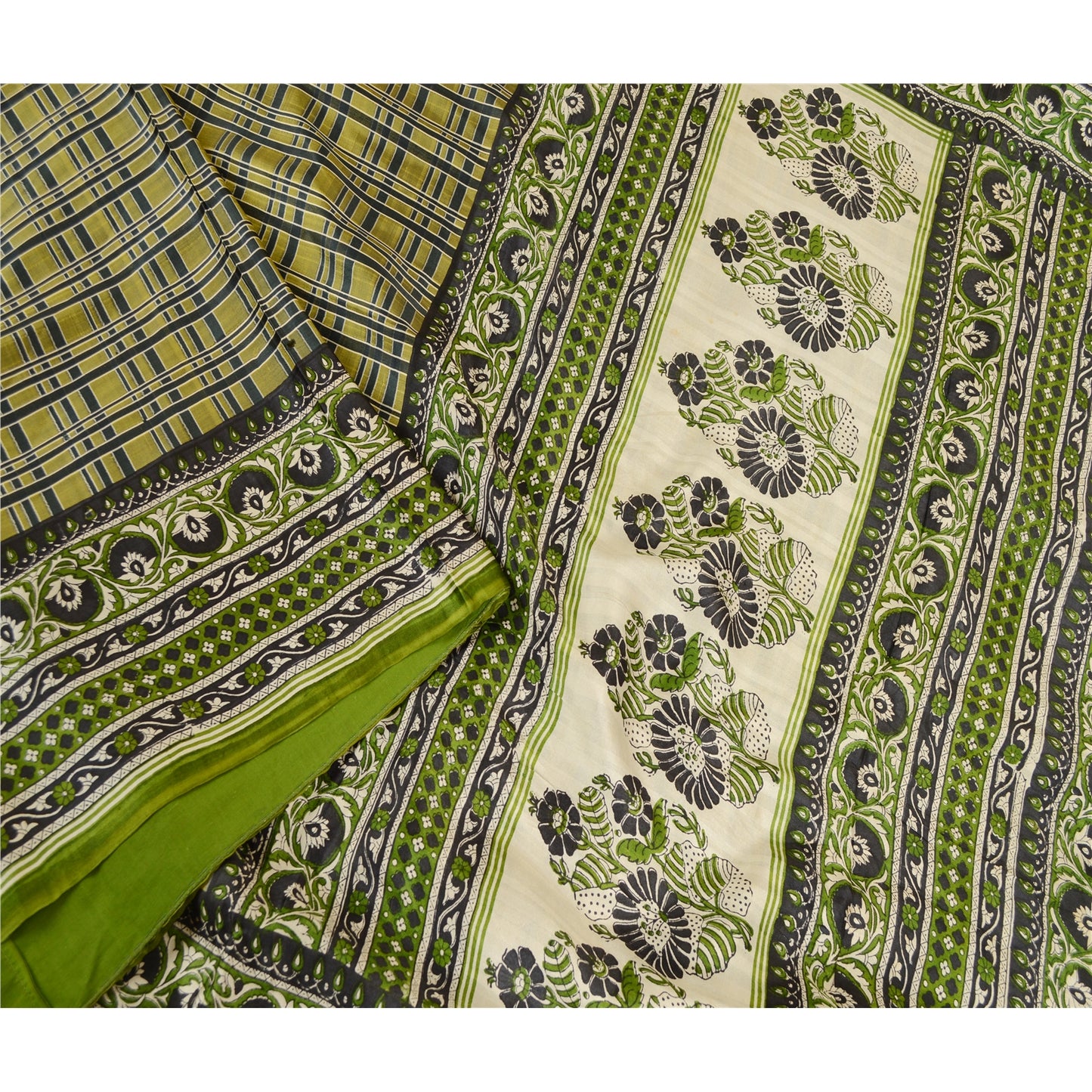 Sanskriti Vintage Green Sarees Indian Pure Silk Printed Sari 5YD Craft Sustainable Fabric