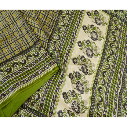 Sanskriti Vintage Green Sarees Indian Pure Silk Printed Sari 5YD Craft Sustainable Fabric