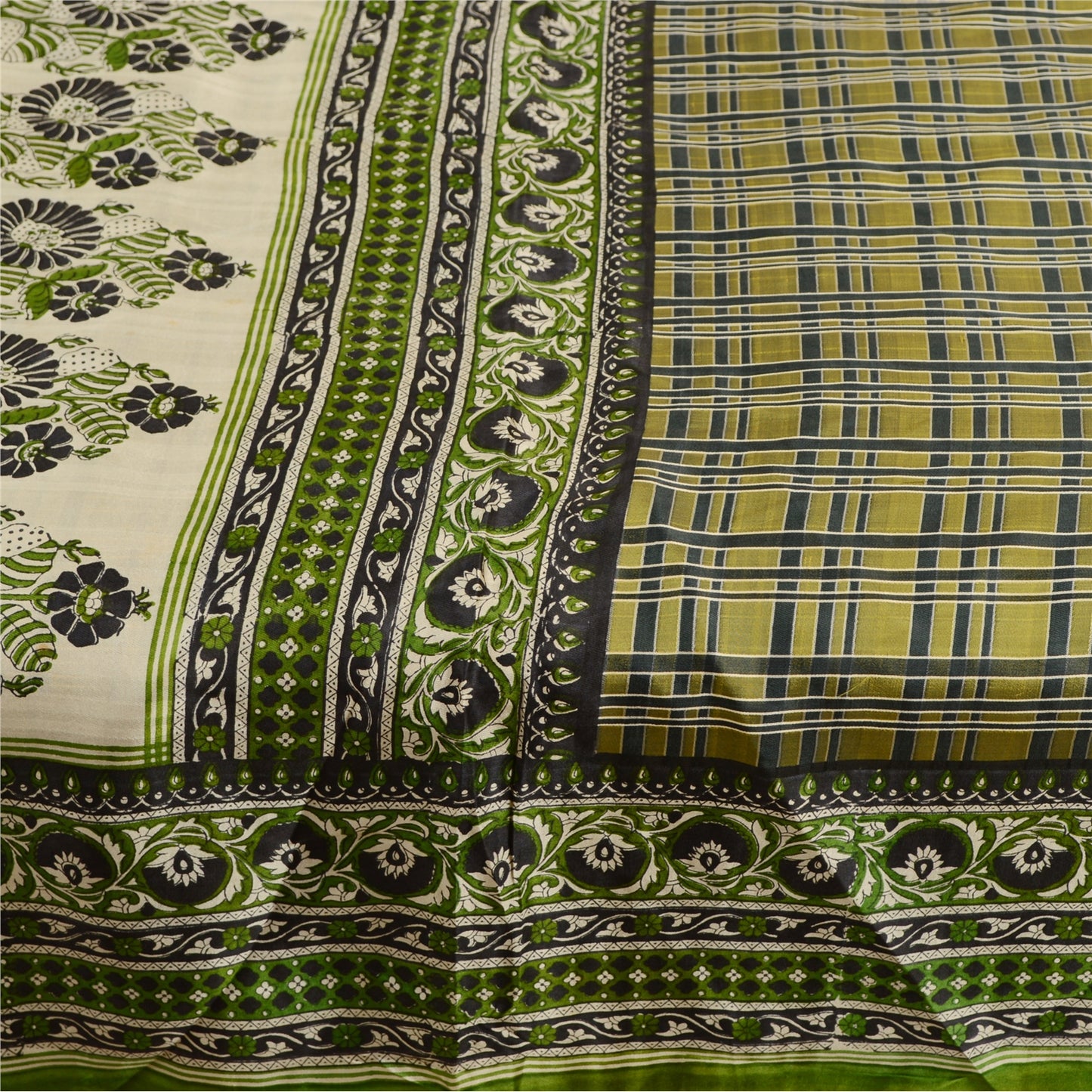 Sanskriti Vintage Green Sarees Indian Pure Silk Printed Sari 5YD Craft Sustainable Fabric