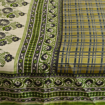 Sanskriti Vintage Green Sarees Indian Pure Silk Printed Sari 5YD Craft Sustainable Fabric