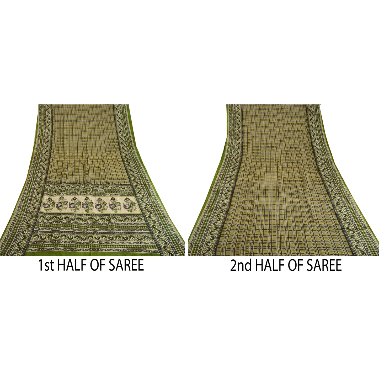 Sanskriti Vintage Green Sarees Indian Pure Silk Printed Sari 5YD Craft Sustainable Fabric