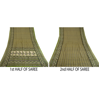 Sanskriti Vintage Green Sarees Indian Pure Silk Printed Sari 5YD Craft Sustainable Fabric