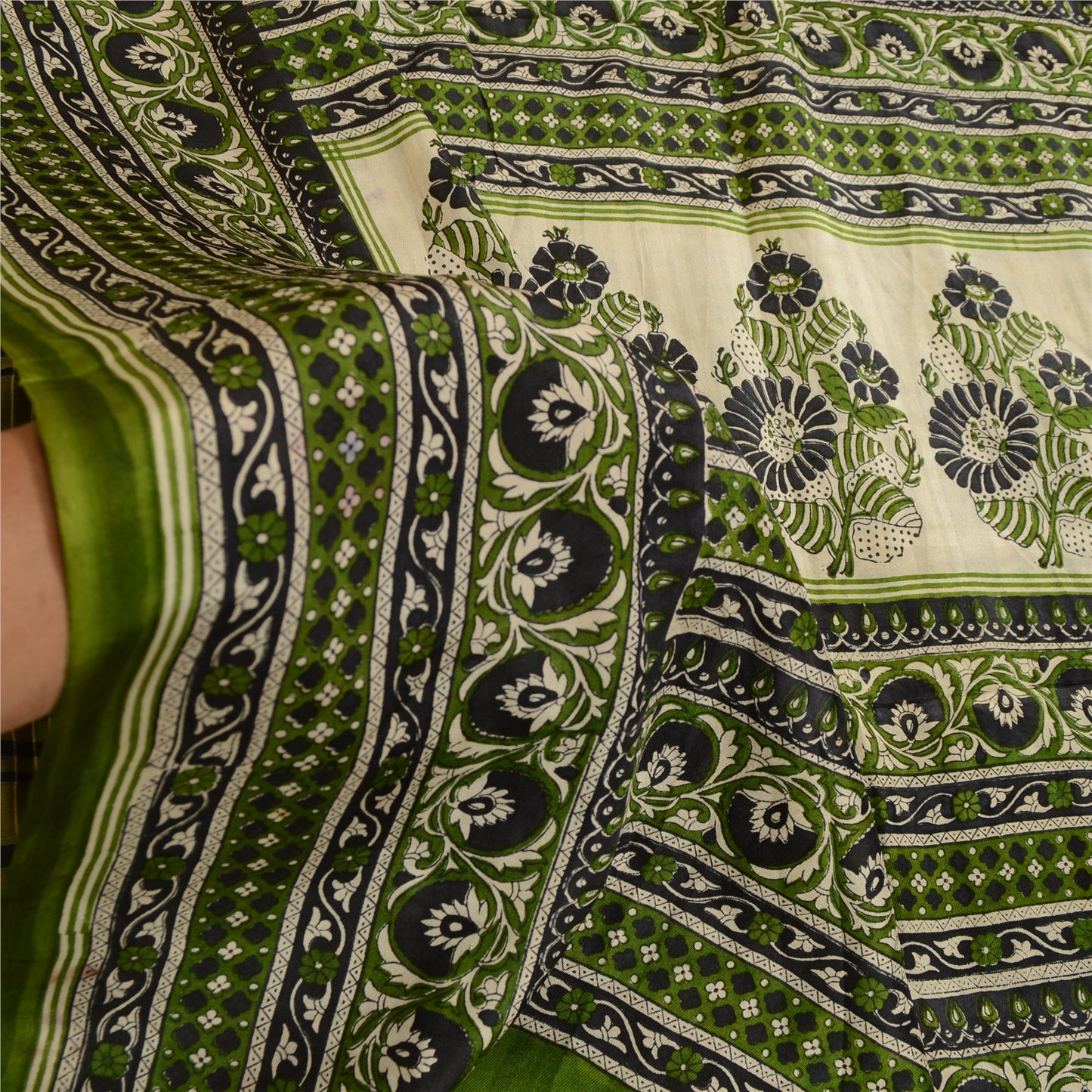 Sanskriti Vintage Green Sarees Indian Pure Silk Printed Sari 5YD Craft Sustainable Fabric