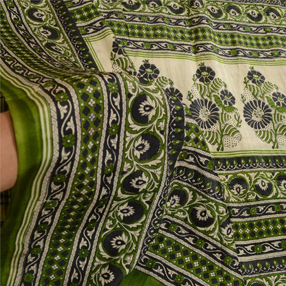 Sanskriti Vintage Green Sarees Indian Pure Silk Printed Sari 5YD Craft Sustainable Fabric