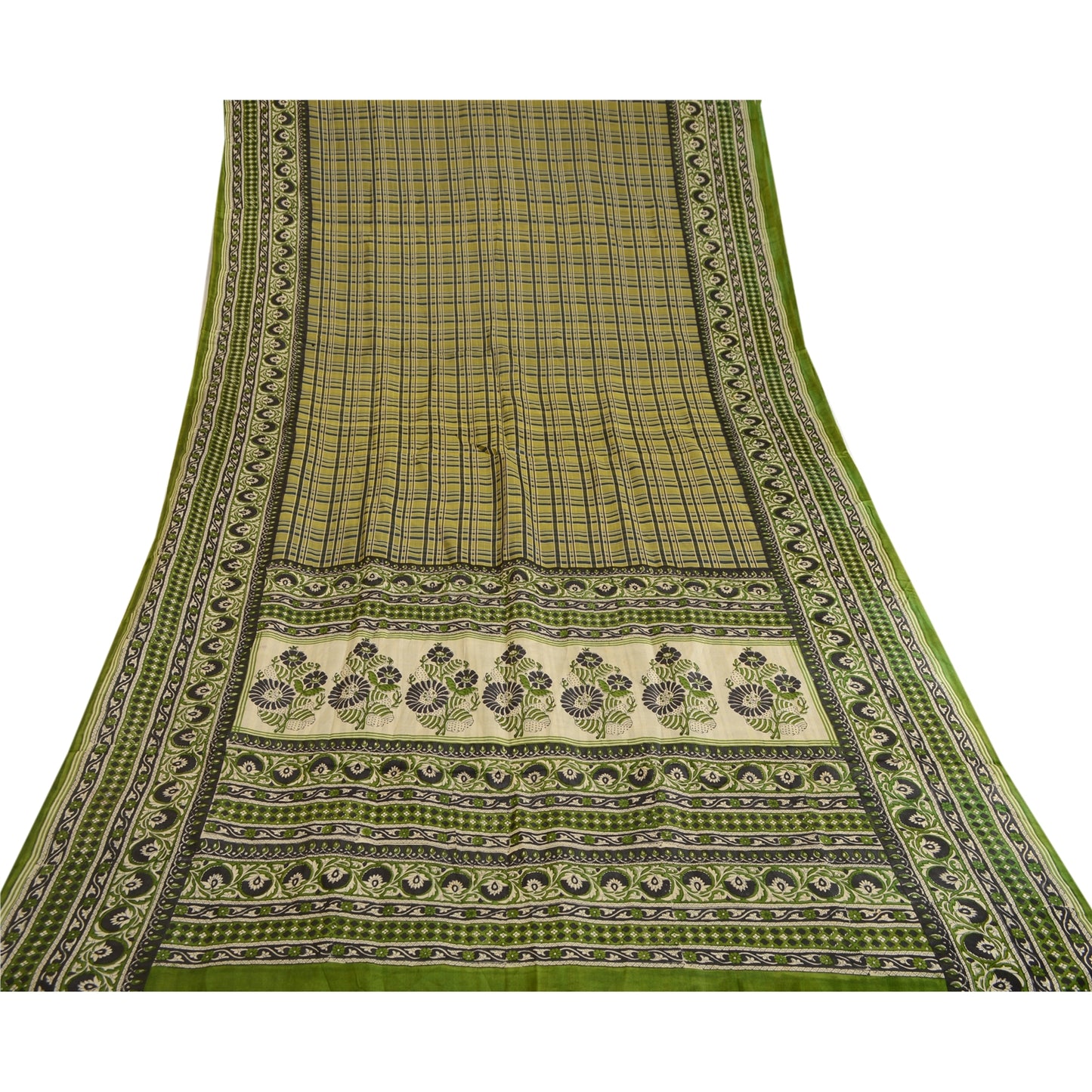 Sanskriti Vintage Green Sarees Indian Pure Silk Printed Sari 5YD Craft Sustainable Fabric