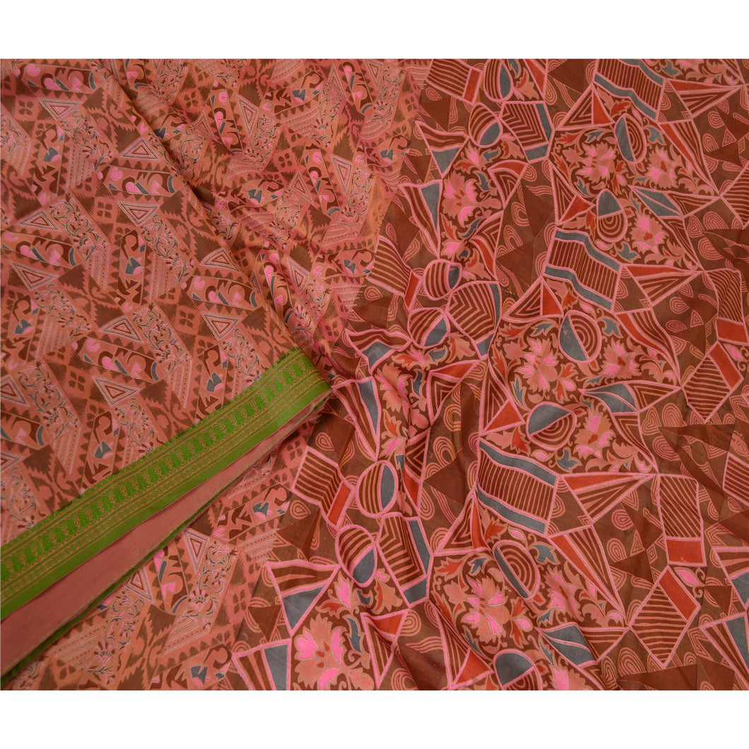 Sanskriti Vintage Sarees Brown Printed Pure Silk Sari Soft Floral Craft Fabric