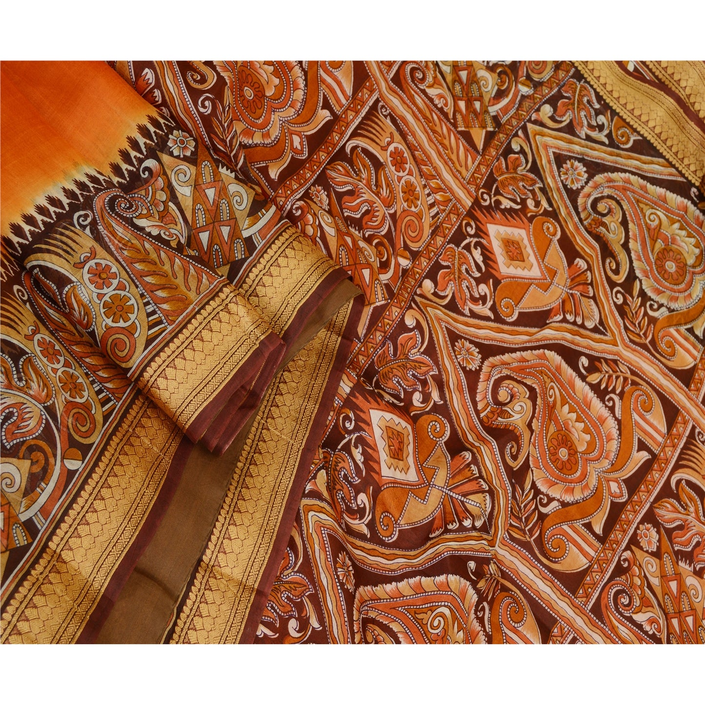 Sanskriti Vintage Sarees Orange Pure Silk Printed Sari 5yd Floral Craft Sustainable Fabric