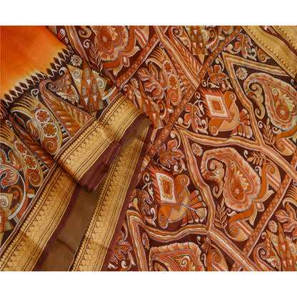 Sanskriti Vintage Sarees Orange Pure Silk Printed Sari 5yd Floral Craft Sustainable Fabric