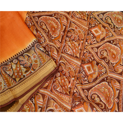 Sanskriti Vintage Sarees Orange Pure Silk Printed Sari 5yd Floral Craft Sustainable Fabric