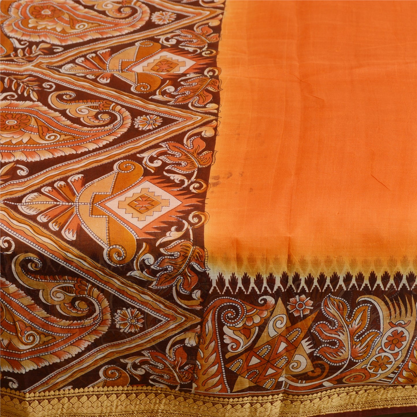 Sanskriti Vintage Sarees Orange Pure Silk Printed Sari 5yd Floral Craft Sustainable Fabric
