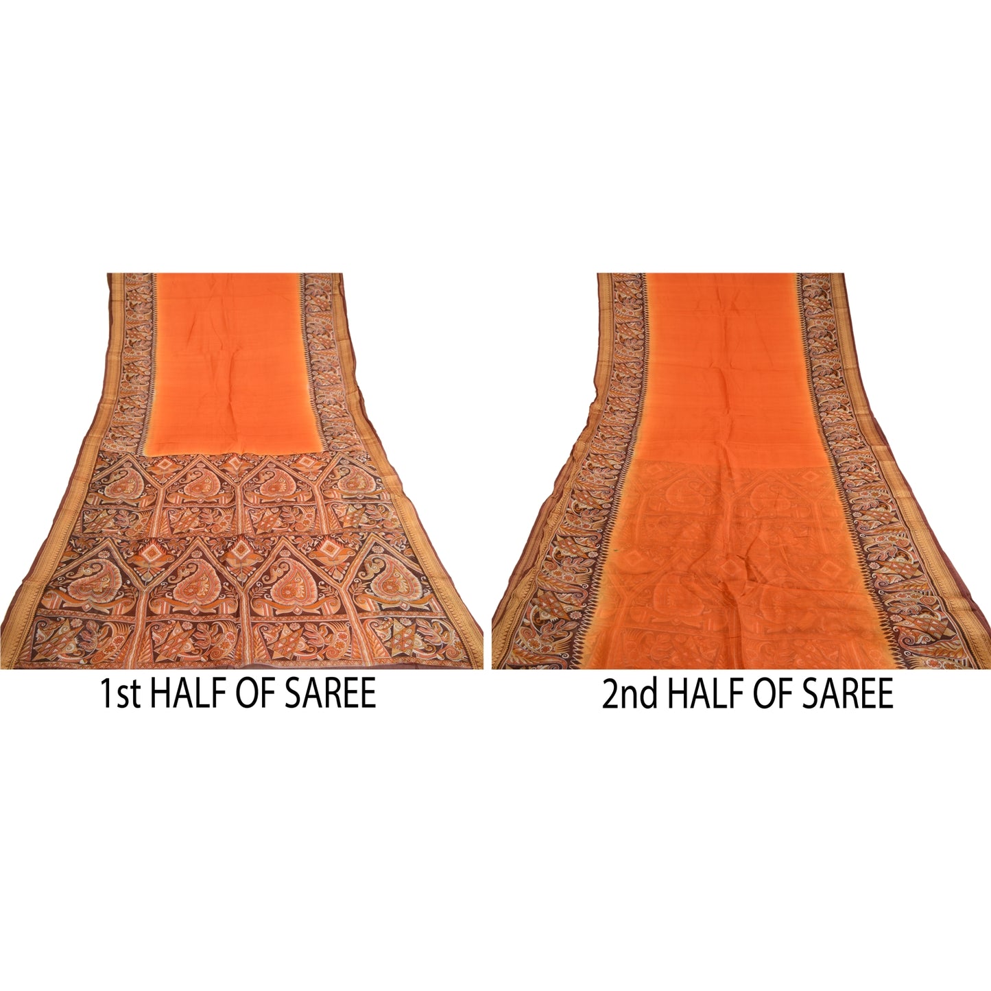 Sanskriti Vintage Sarees Orange Pure Silk Printed Sari 5yd Floral Craft Sustainable Fabric