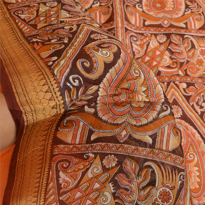 Sanskriti Vintage Sarees Orange Pure Silk Printed Sari 5yd Floral Craft Sustainable Fabric