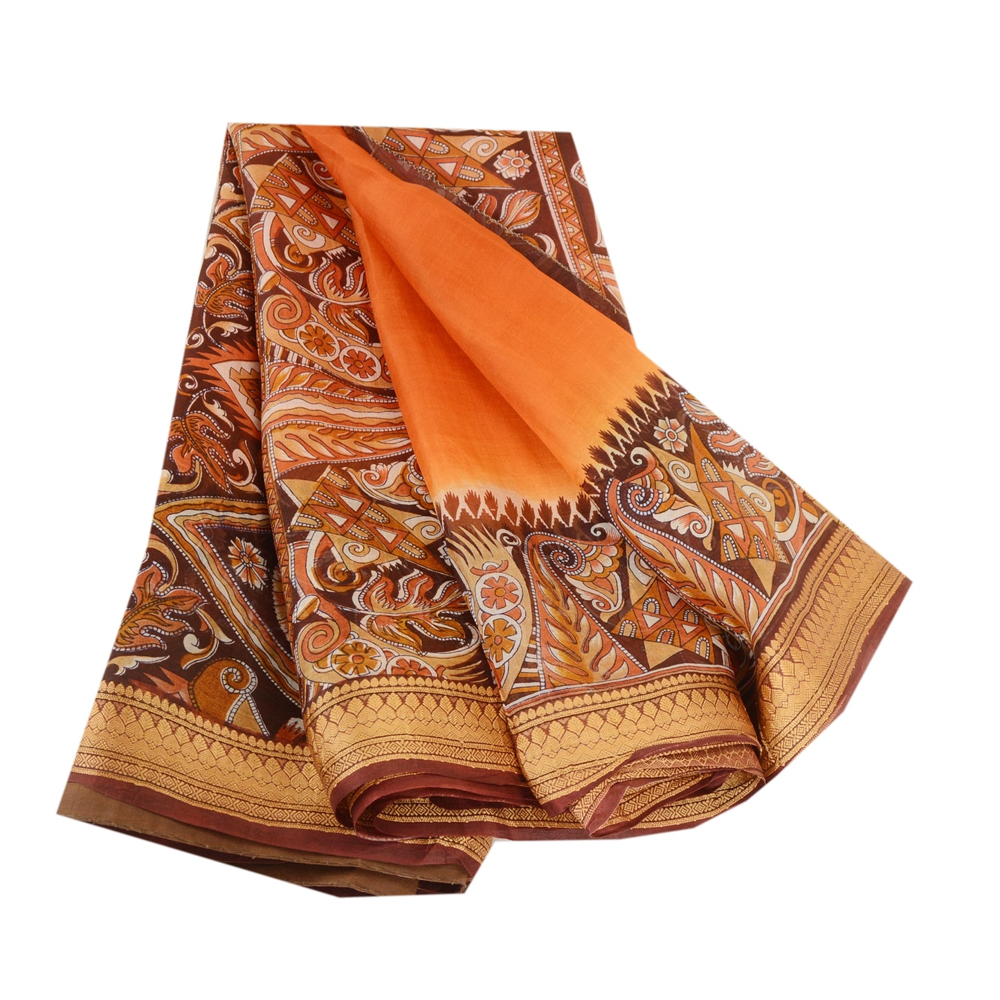 Sanskriti Vintage Sarees Orange Pure Silk Printed Sari 5yd Floral Craft Sustainable Fabric