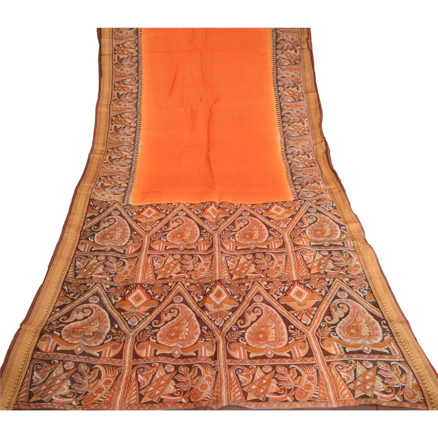 Sanskriti Vintage Sarees Orange Pure Silk Printed Sari 5yd Floral Craft Sustainable Fabric