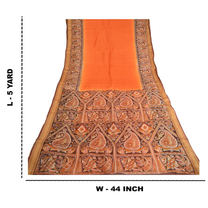 Sanskriti Vintage Sarees Orange Pure Silk Printed Sari 5yd Floral Craft Sustainable Fabric