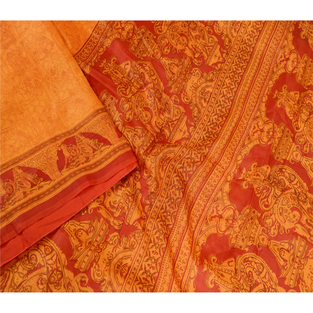 Sanskriti Vintage Sarees Saffron Indian Pure Silk Printed Sari 5yd Craft Sustainable Fabric