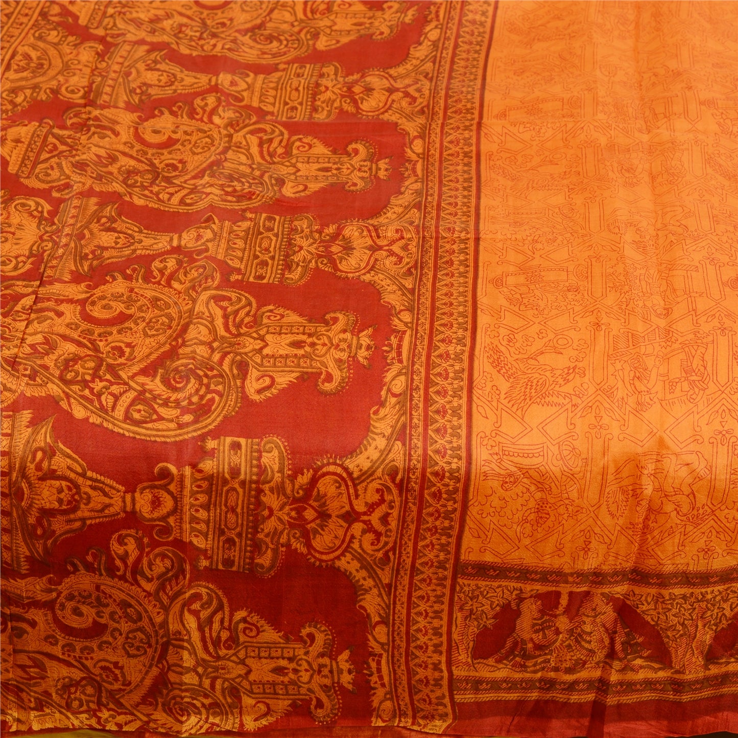 Sanskriti Vintage Sarees Saffron Indian Pure Silk Printed Sari 5yd Craft Sustainable Fabric