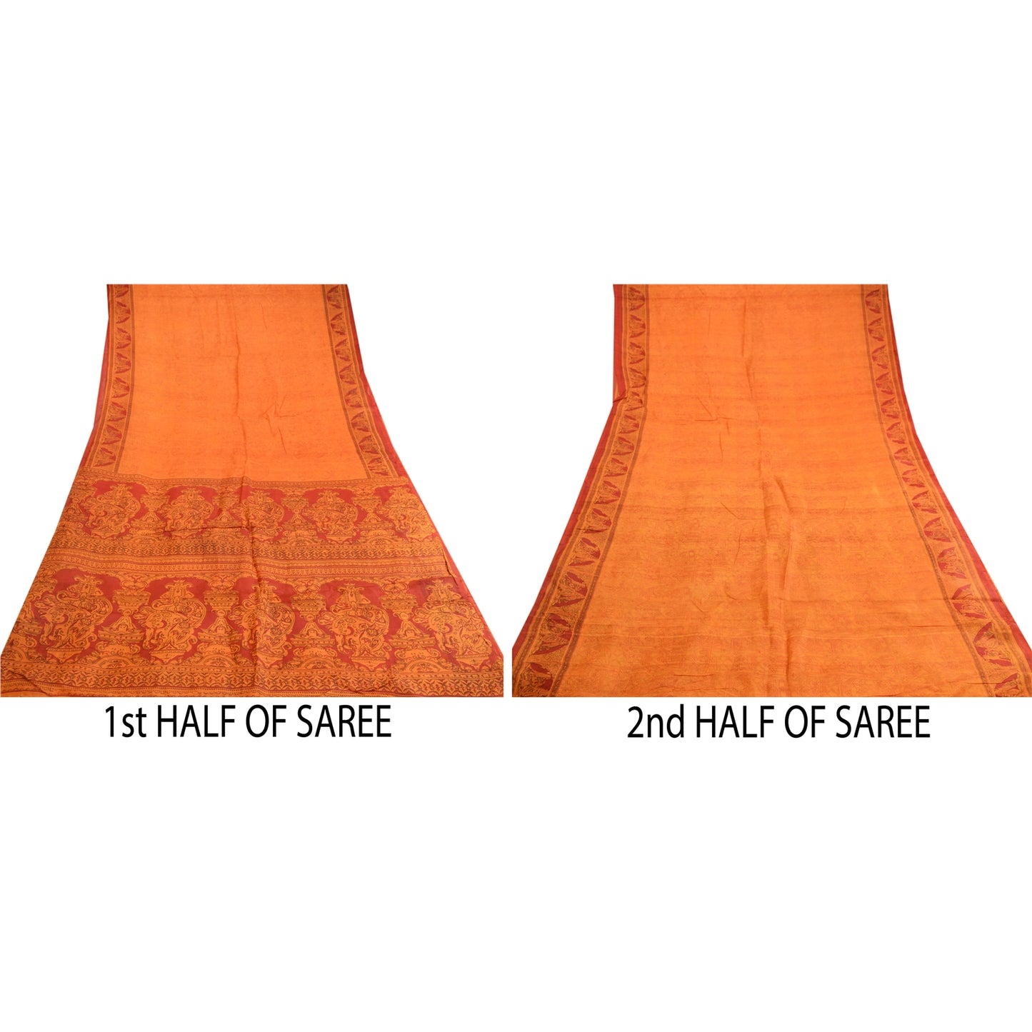 Sanskriti Vintage Sarees Saffron Indian Pure Silk Printed Sari 5yd Craft Sustainable Fabric