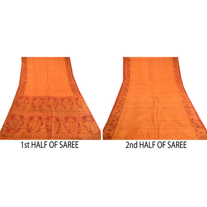 Sanskriti Vintage Sarees Saffron Indian Pure Silk Printed Sari 5yd Craft Sustainable Fabric