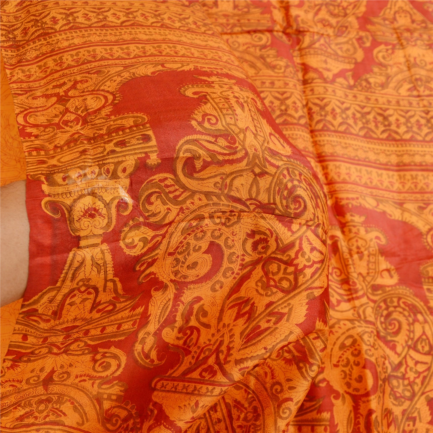 Sanskriti Vintage Sarees Saffron Indian Pure Silk Printed Sari 5yd Craft Sustainable Fabric