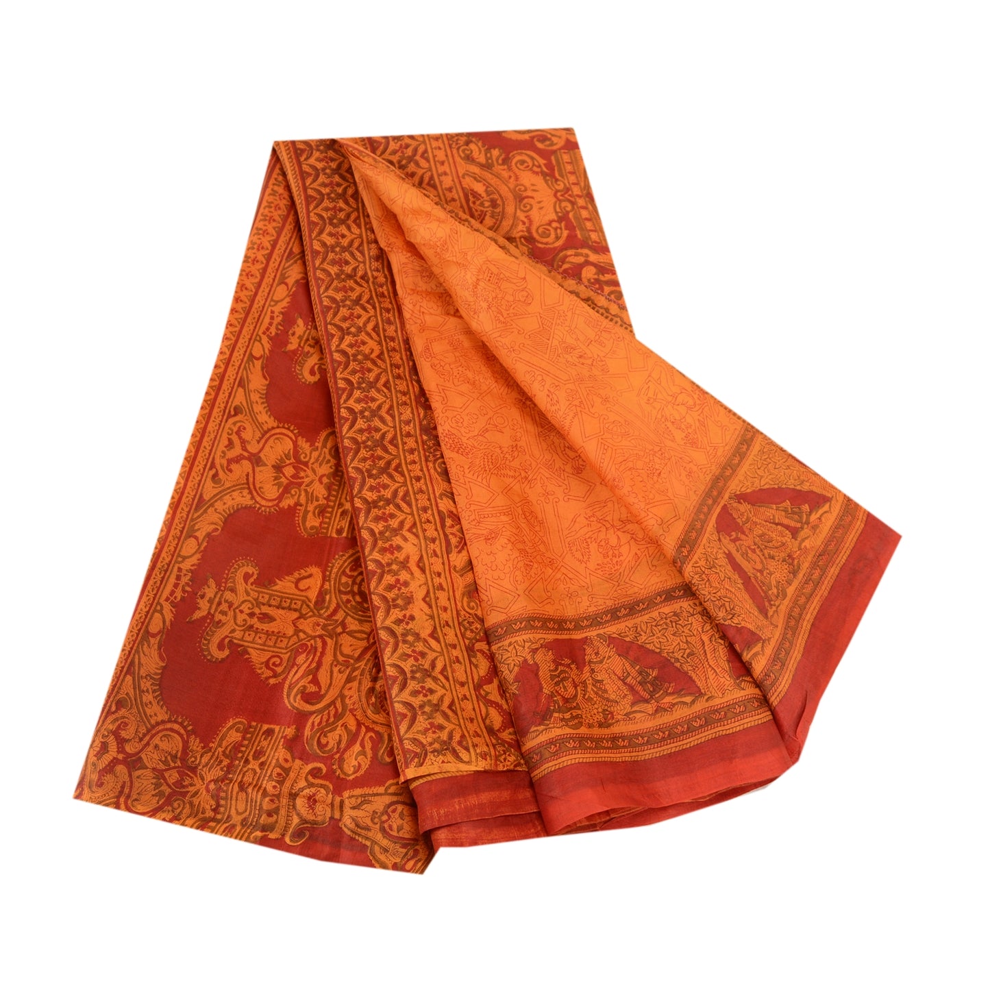Sanskriti Vintage Sarees Saffron Indian Pure Silk Printed Sari 5yd Craft Sustainable Fabric