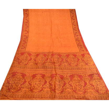 Sanskriti Vintage Sarees Saffron Indian Pure Silk Printed Sari 5yd Craft Sustainable Fabric